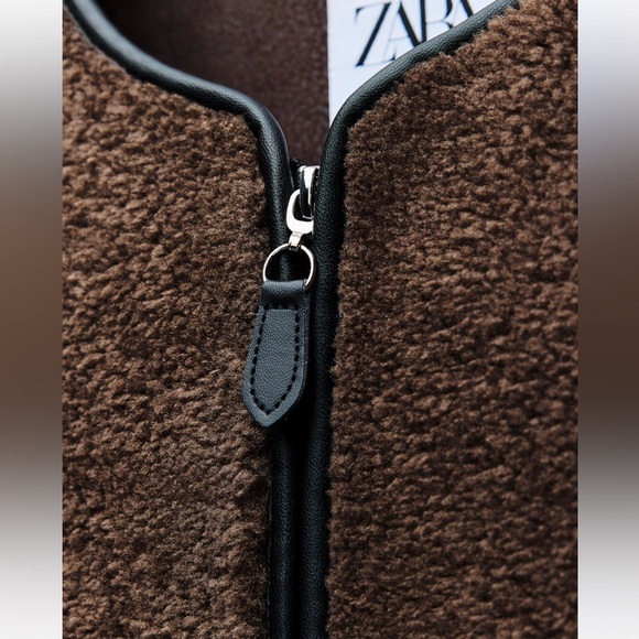 ZARA JACKET WITH FAUX SHEARLING BROWN BLACK XS SHERPA TEDDY COAT FAUX LEATHER - Picture 6 of 10